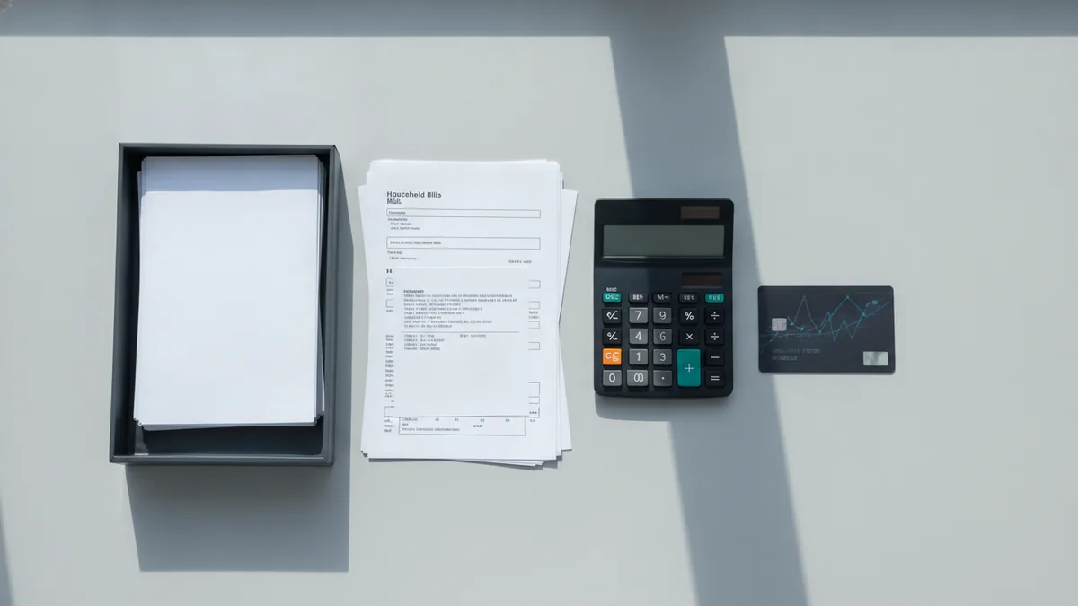 Direct deposits and payments Bank account payment planning with bills, calculator, and organized desk tools