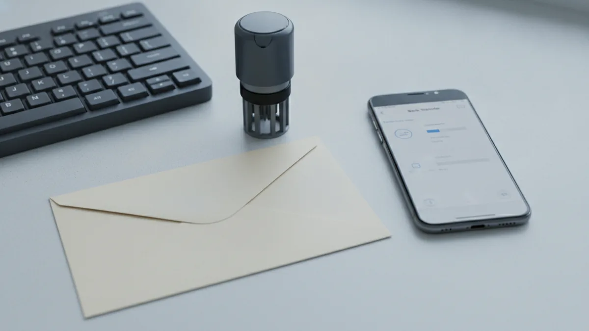 Illustration of moving from paper checks to electronic bank transfers.
