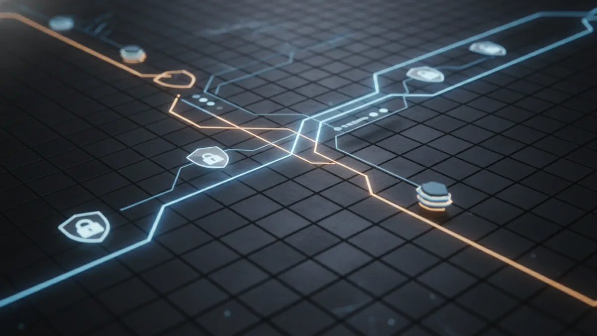 Digital finance risk scene with payment paths, locks, and layered security controls