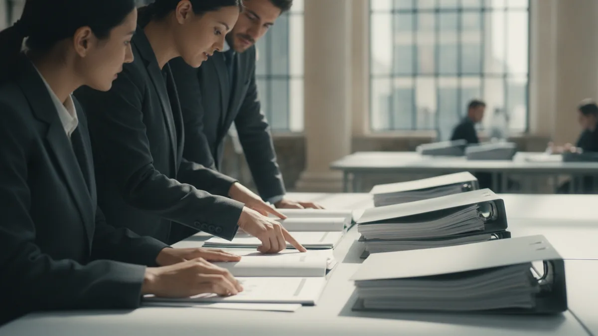 Bank AML as first line of defense Compliance staff reviewing transactions in a bank office