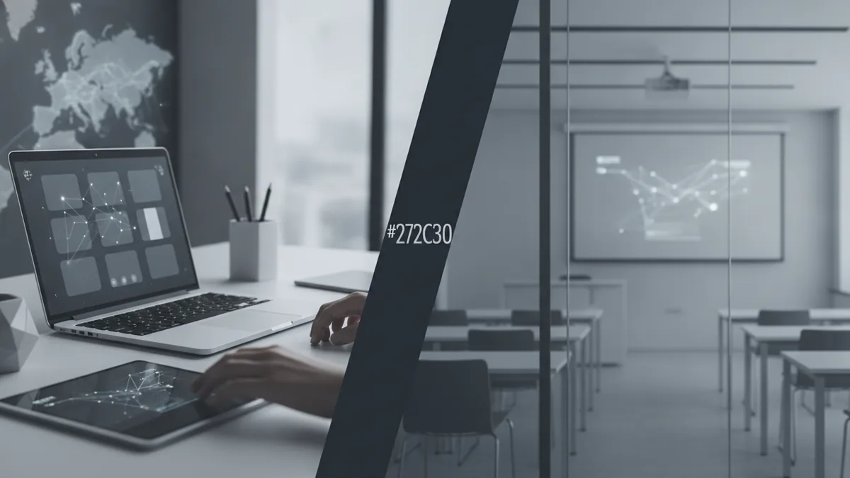 Laptop setup and classroom atmosphere representing online, in-person, and hybrid fintech boot camps.