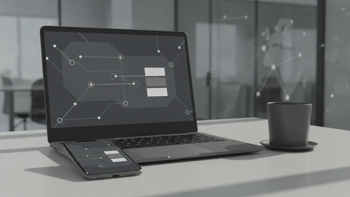 Laptop and phone setup suggesting fast, mobile-first fintech design