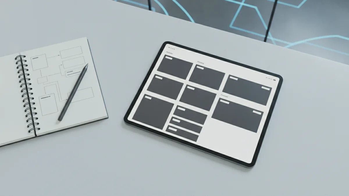 Overhead desk view illustrating structured sections for fintech UX