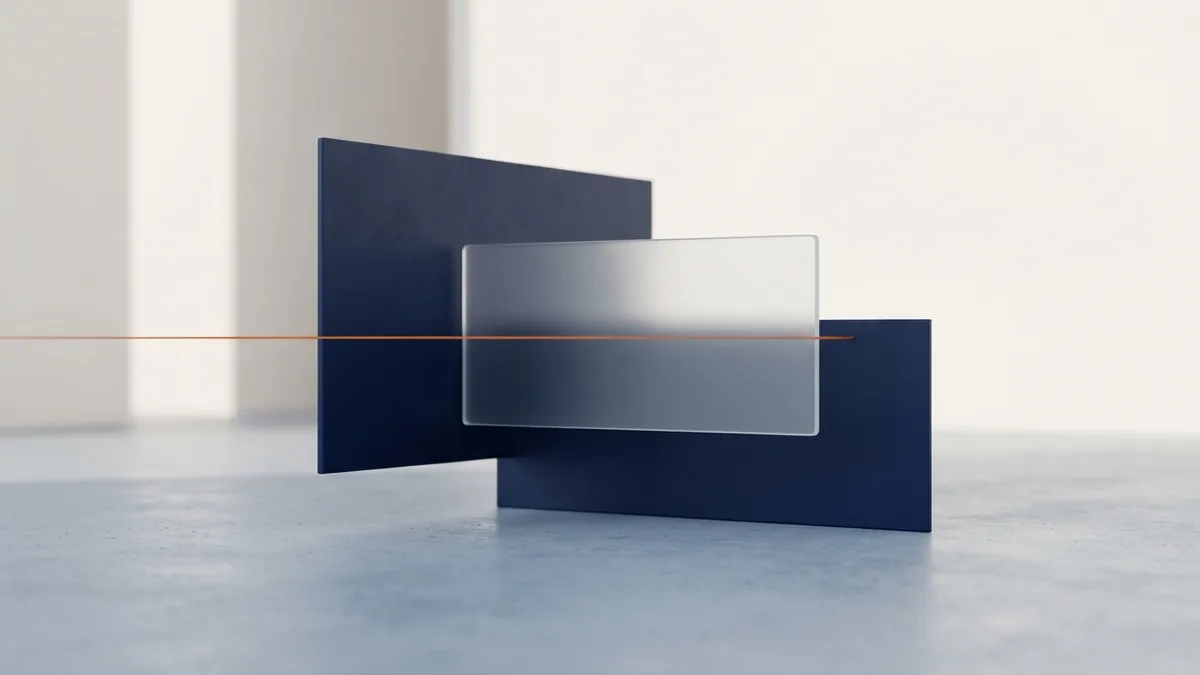 Abstract mobile commerce scene with a blank glass slab and connected navy forms