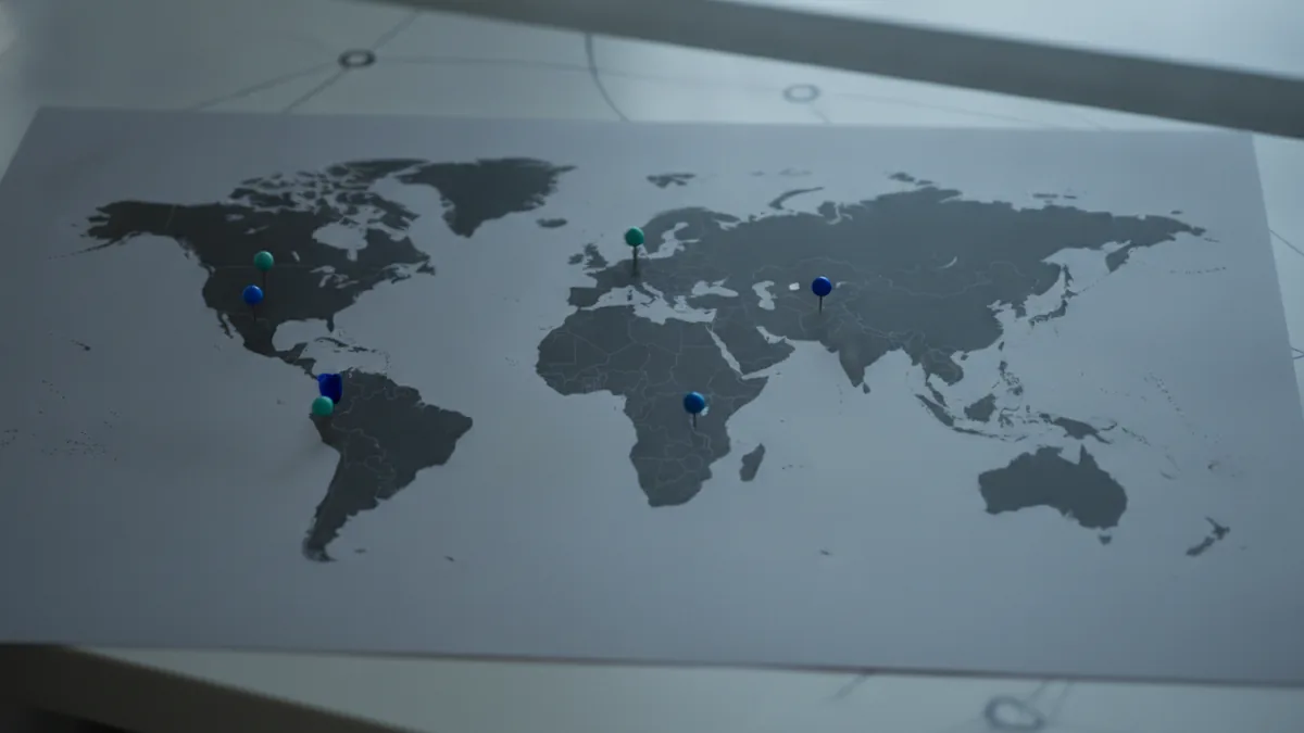 Geo risk context World map with marked regions to represent geography in AML risk assessment.