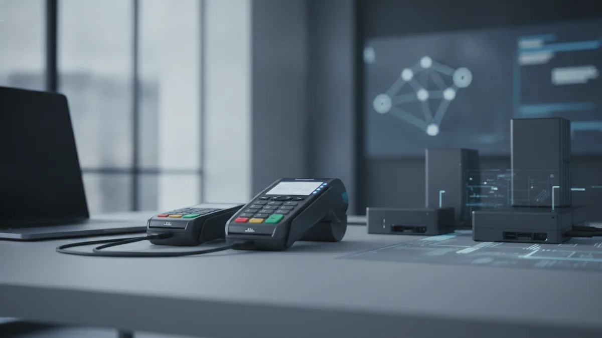 Fintech technology planning Close view of secure payment tools and cloud technology equipment on a modern desk