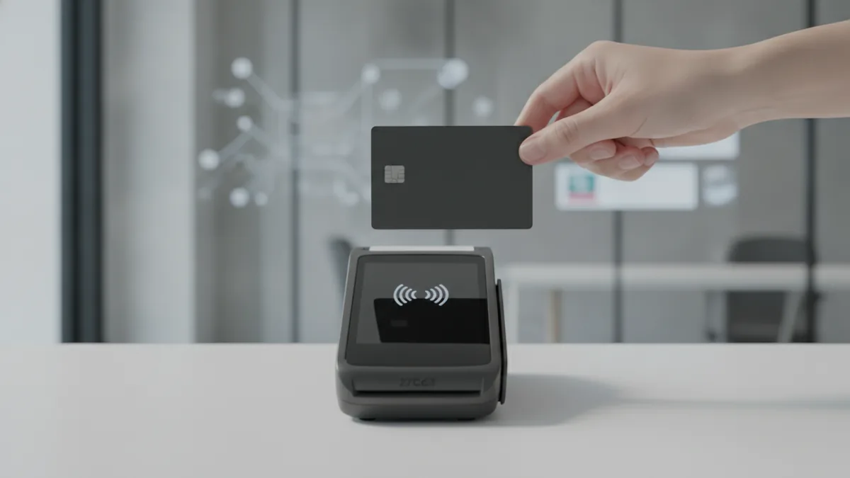 Contactless card tap at checkout to show merchant services workflow