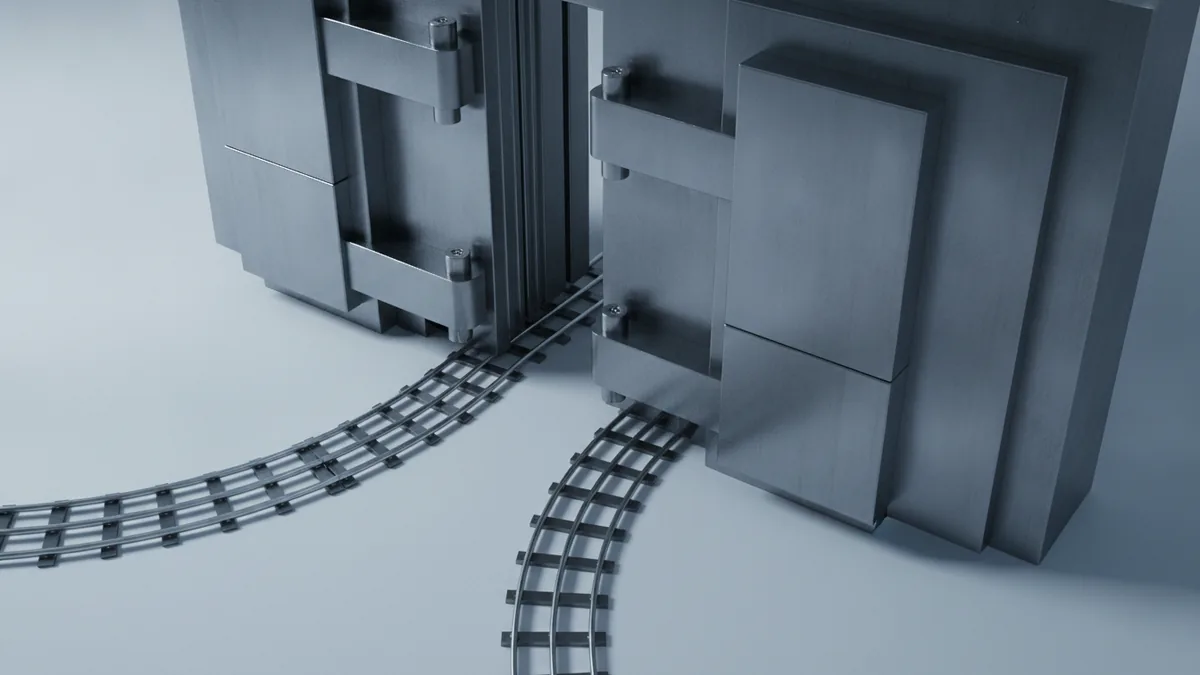 Data access pricing as a toll Metal access rails and vault doors symbolizing data access fees.
