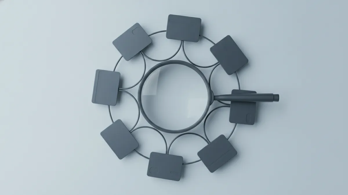 Magnifying glass over payment cards and linked coins for alert review