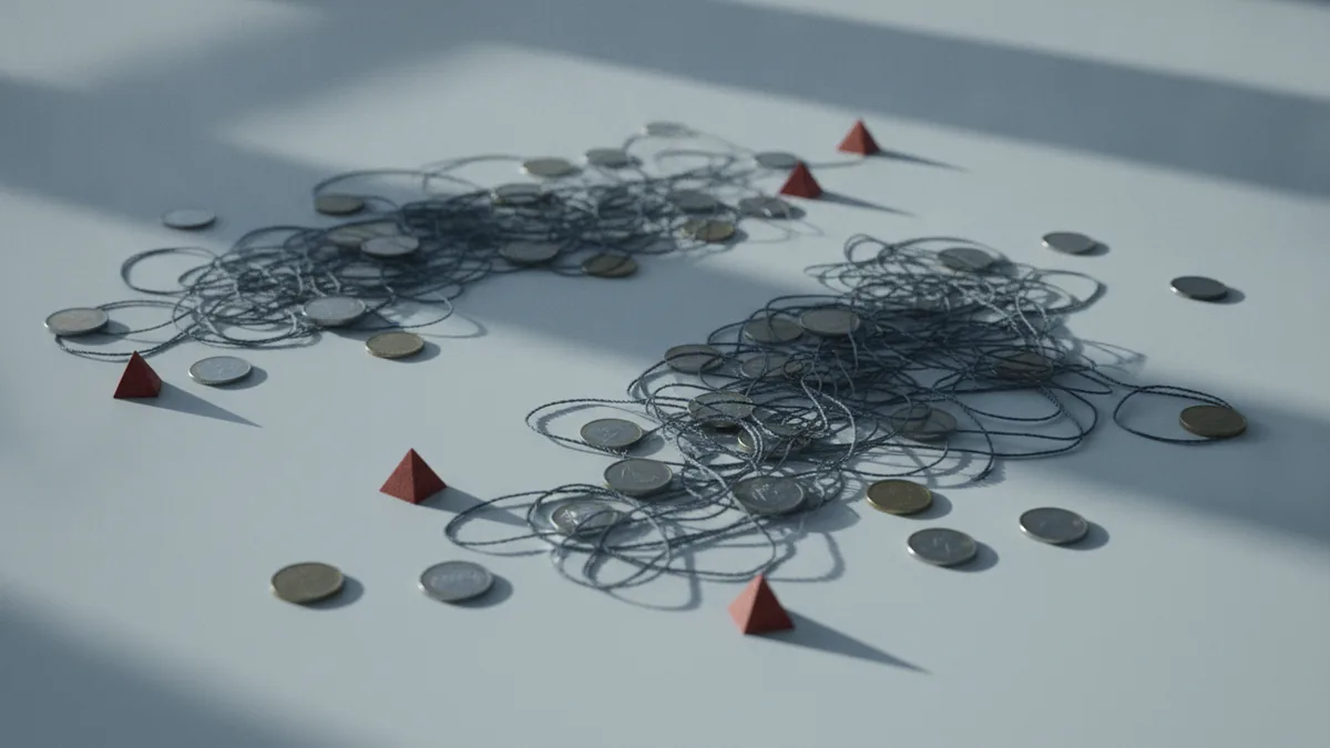 Tangled payment paths represented by coins, threads, and warning markers