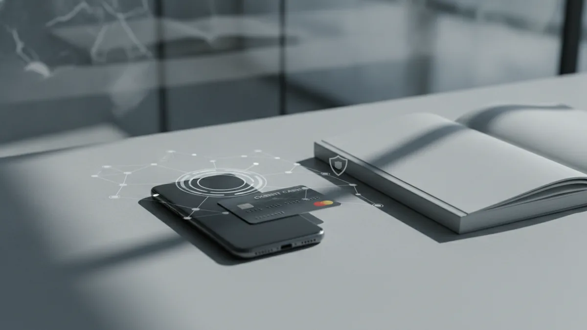 User consent concept with phone and banking card on a desk