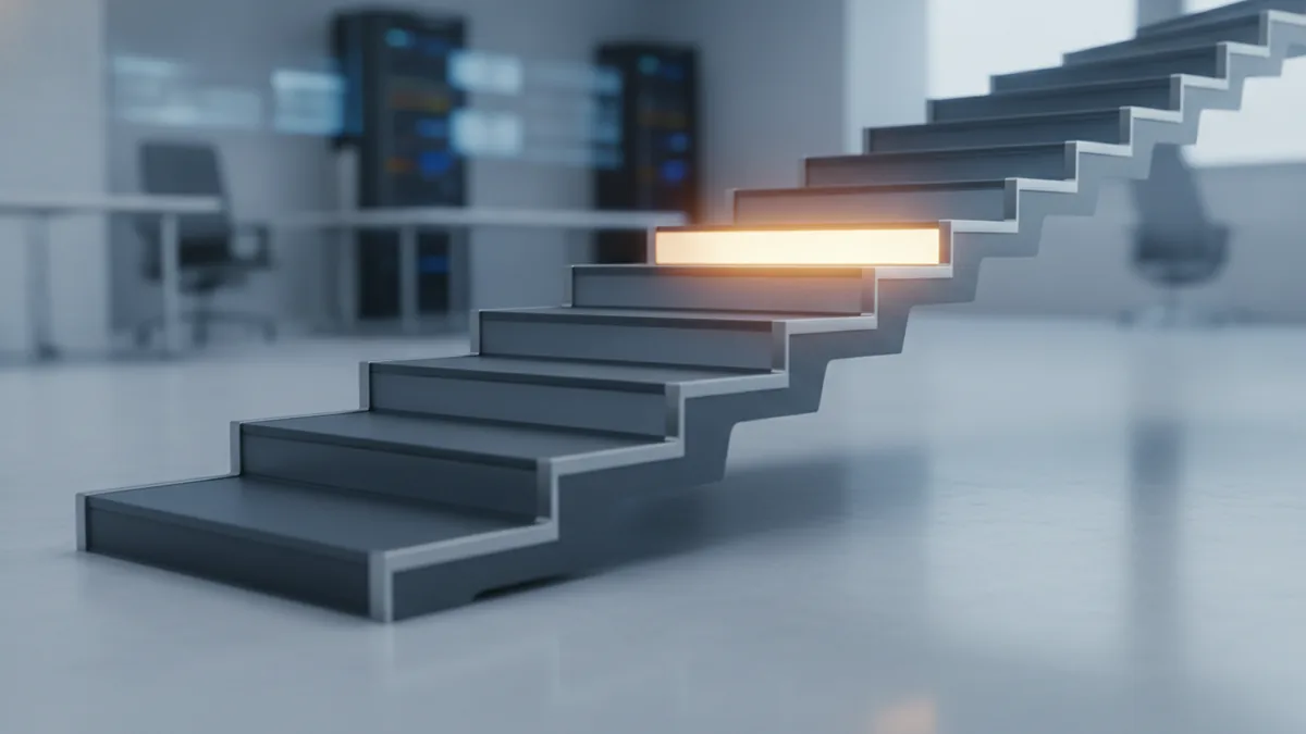 Phased rollout progression A staircase-like progress scene representing phased rollout of open banking capabilities