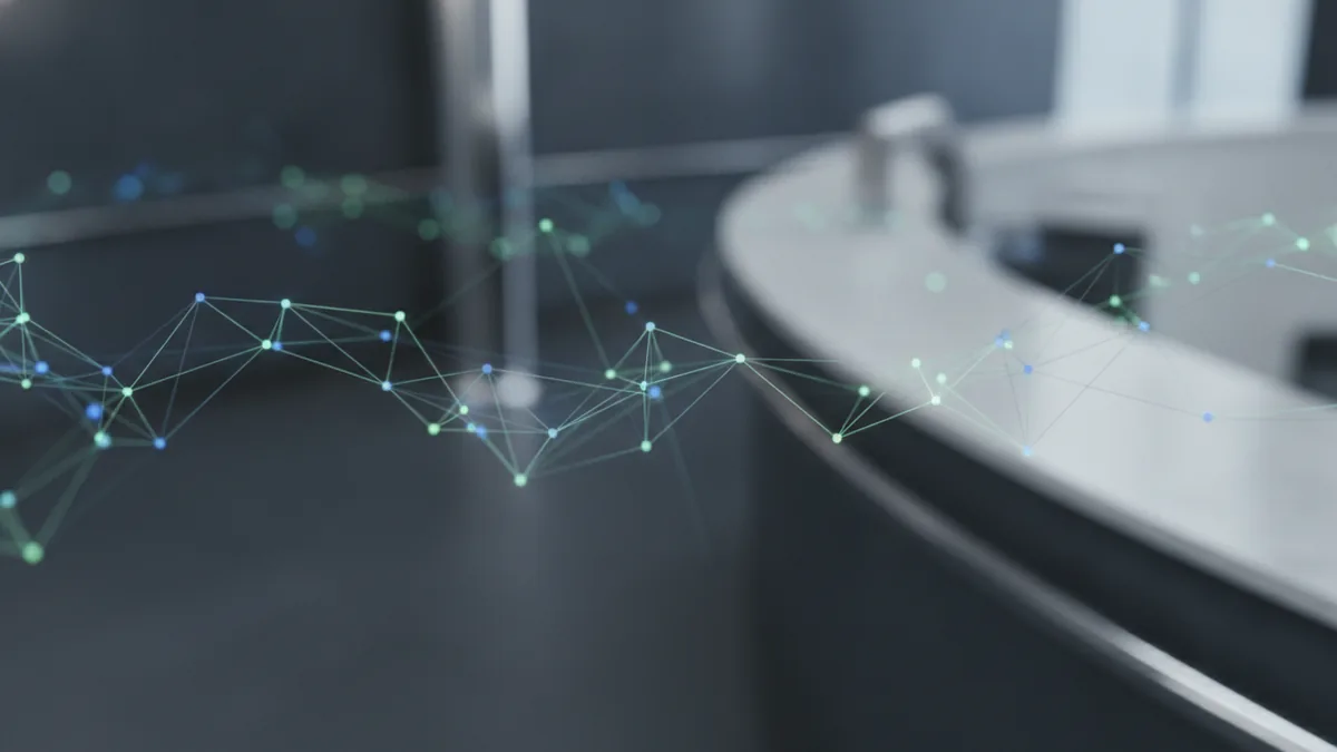 APIs connect data with consent Abstract network connections over a calm banking setting, symbolizing secure data sharing