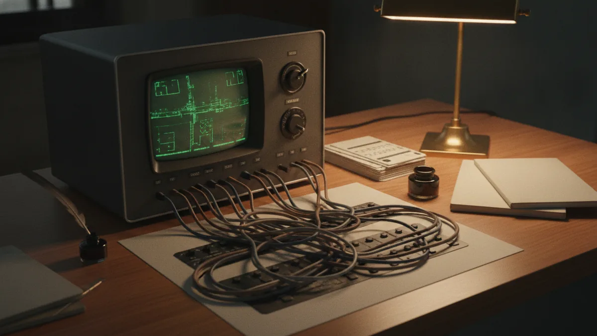 Terminal-era workspace representing early banking interface experiments.