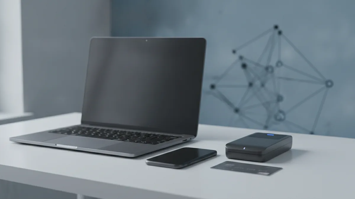 Payment gateway tools across devices Online checkout setup with phone, laptop, card reader, and payment card
