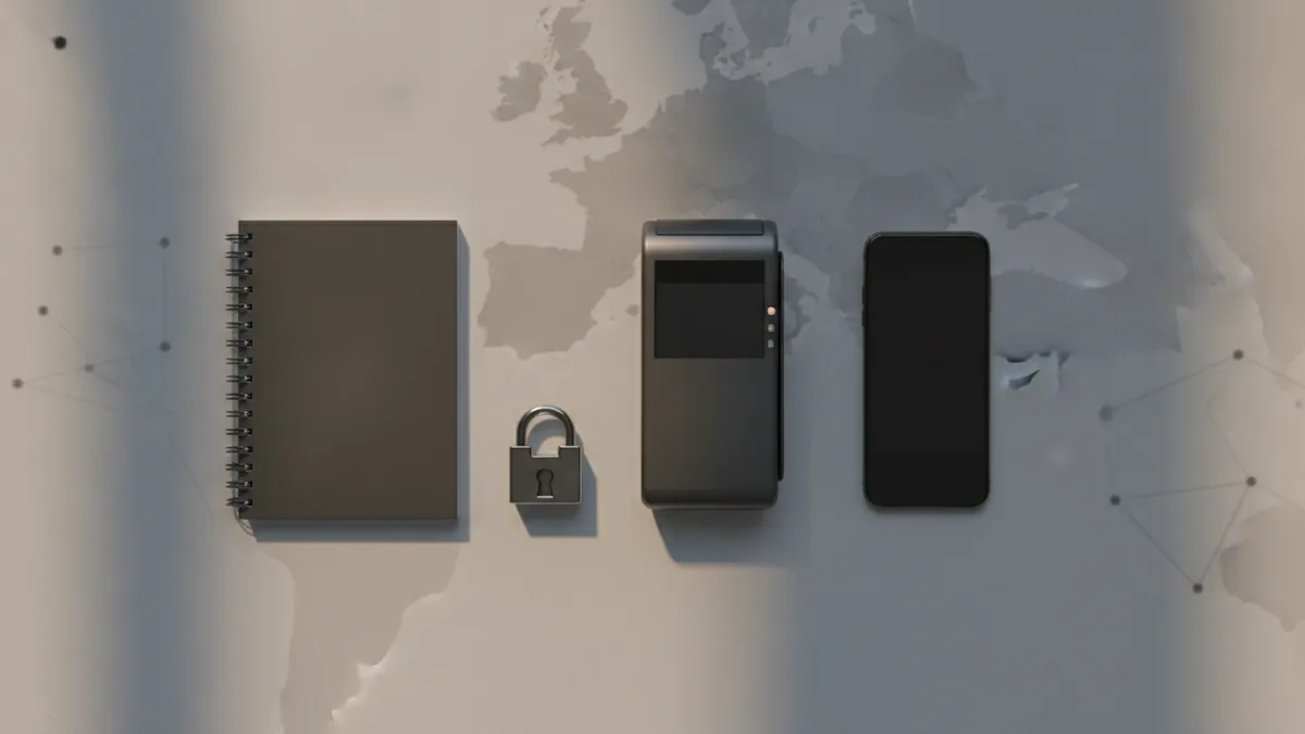 Secure payment workspace with card reader, phone, and shield-like light