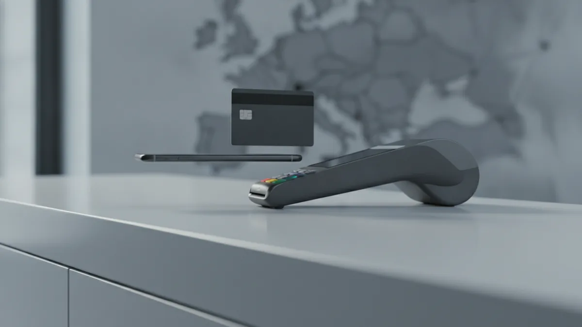 Contactless card and smartphone near a payment terminal at a bright counter