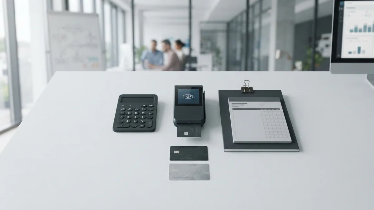 Business owner reviewing payment costs and security choices at a desk