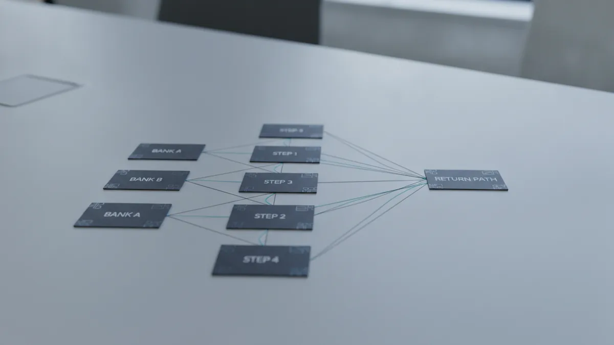 A step-by-step flow layout representing how ACH returns travel between banks.