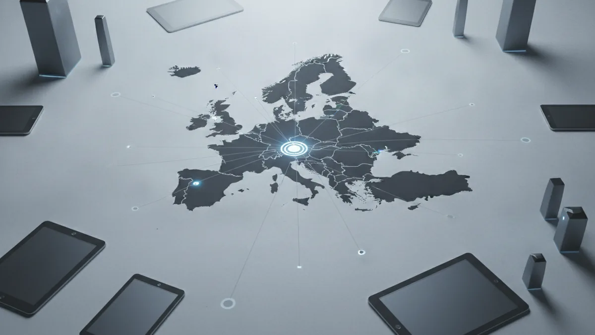 Single euro payment area Desk scene with an abstract Europe map showing connected hubs for SEPA payments