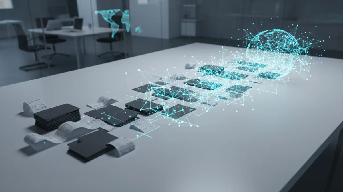 From card swipes to platforms Objects on a table suggesting how payment systems evolve into connected platforms