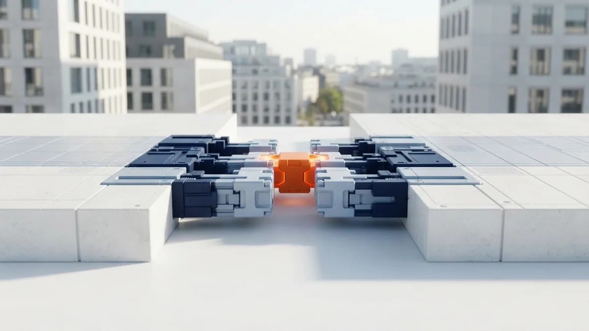 Modular payment setup with linked navy blocks and one orange connector