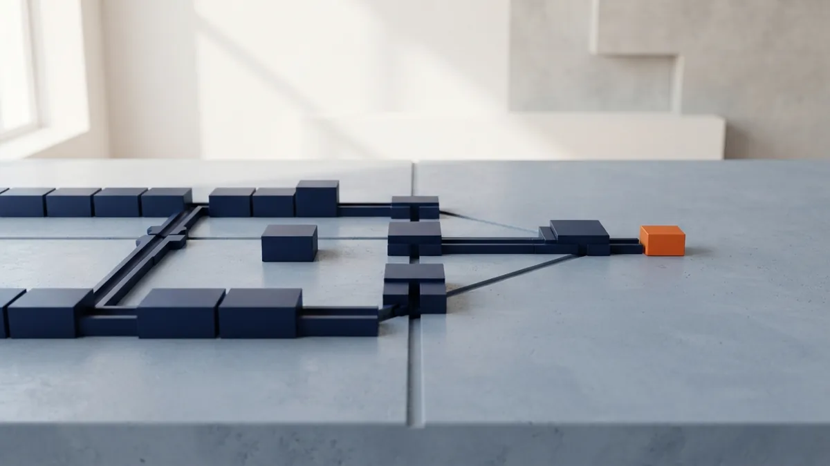 Navy modular blocks showing a calm step-by-step bank payment route
