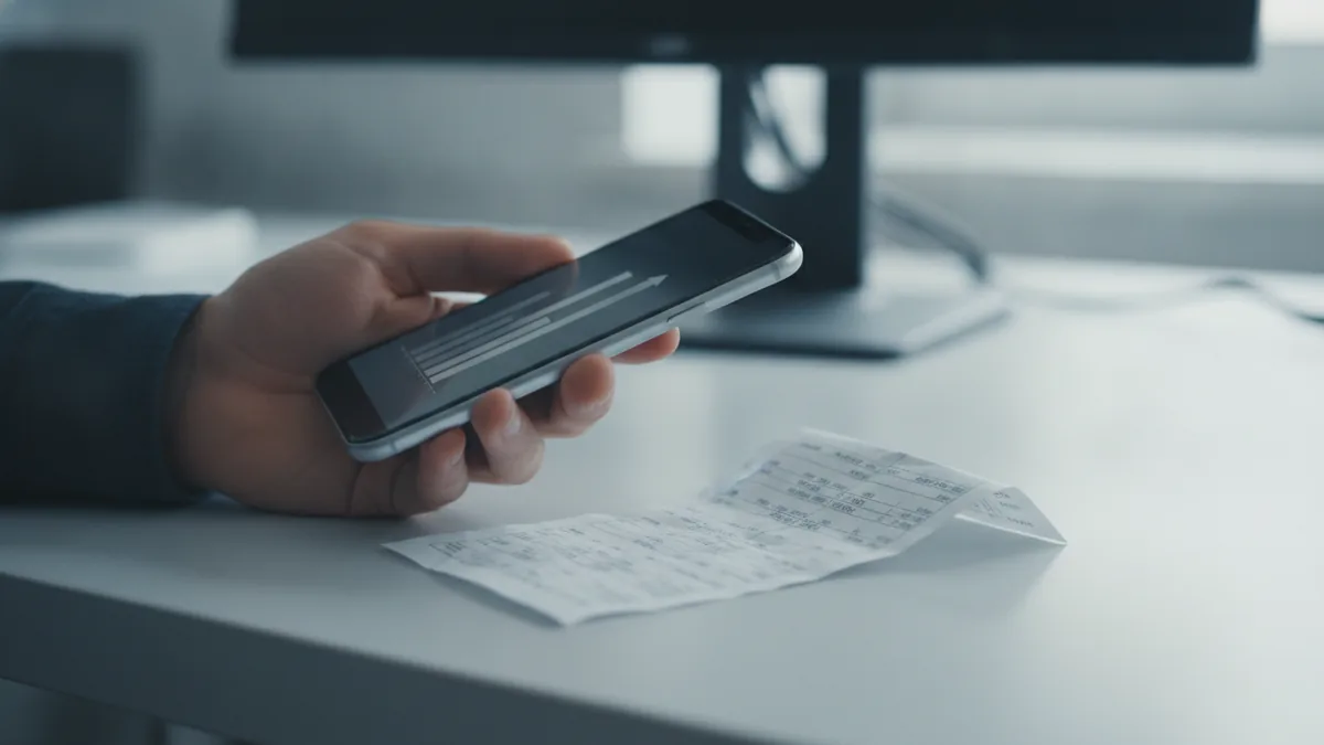 Pay stub and smartphone representing direct deposit and ACH billing.