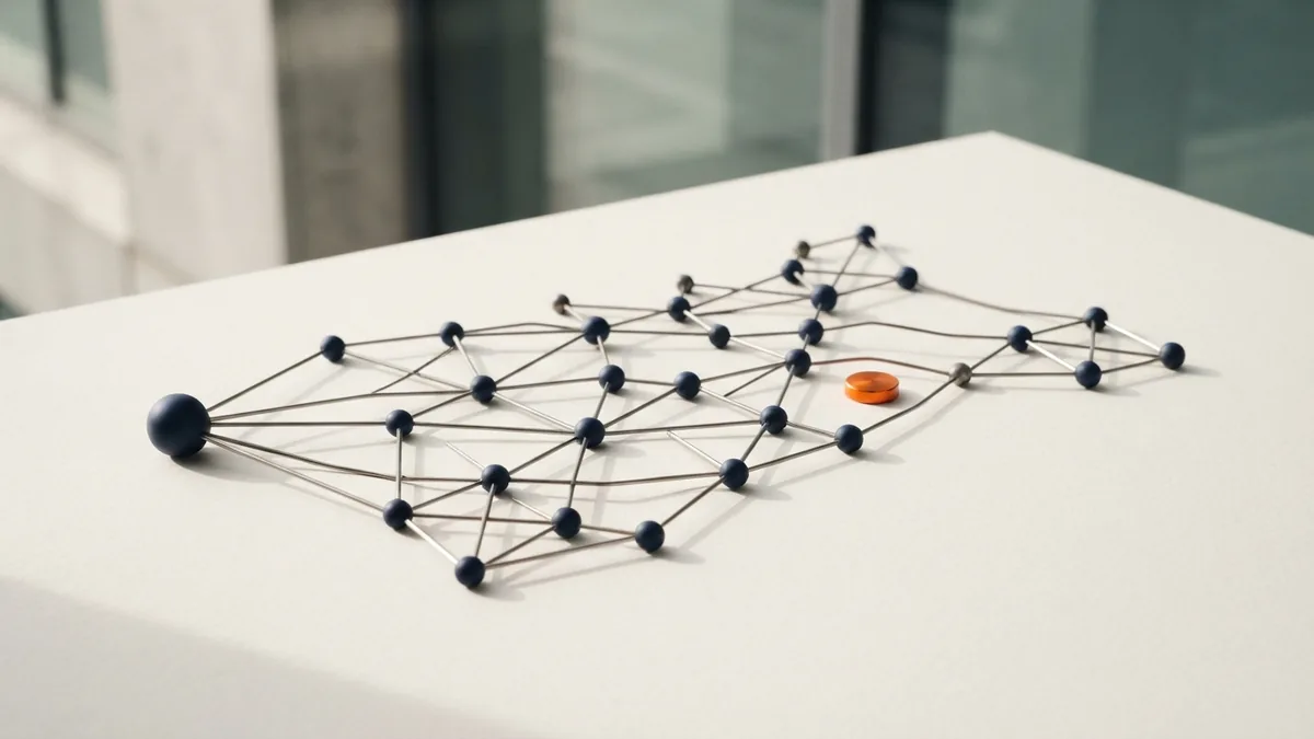 Abstract network of connected payment infrastructure nodes in navy and grey
