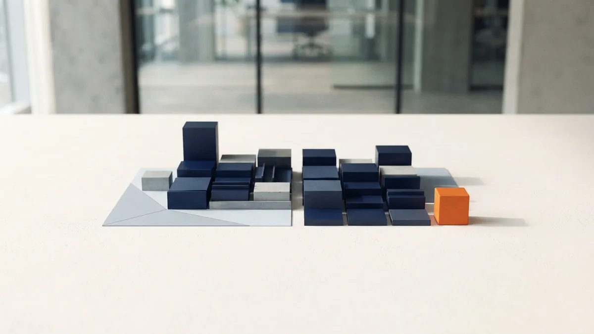 Payment features and fee choices Navy and grey-blue modular blocks represent payment features and pricing choices