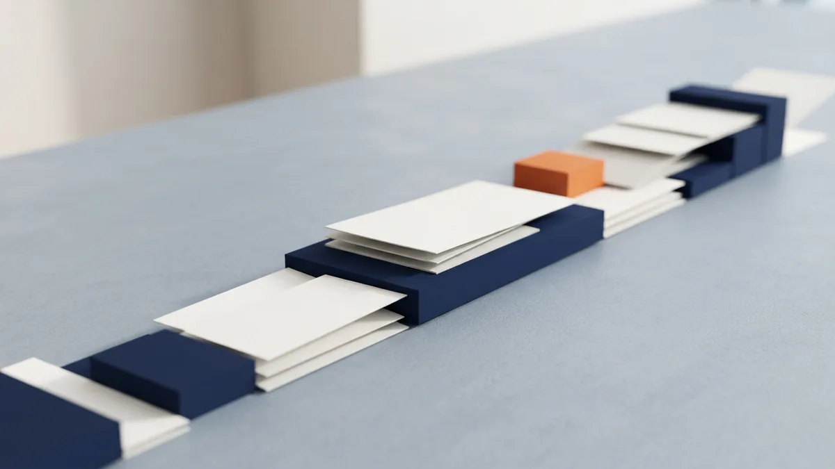 Blank paper planes and navy blocks form a clean resume structure for payment work