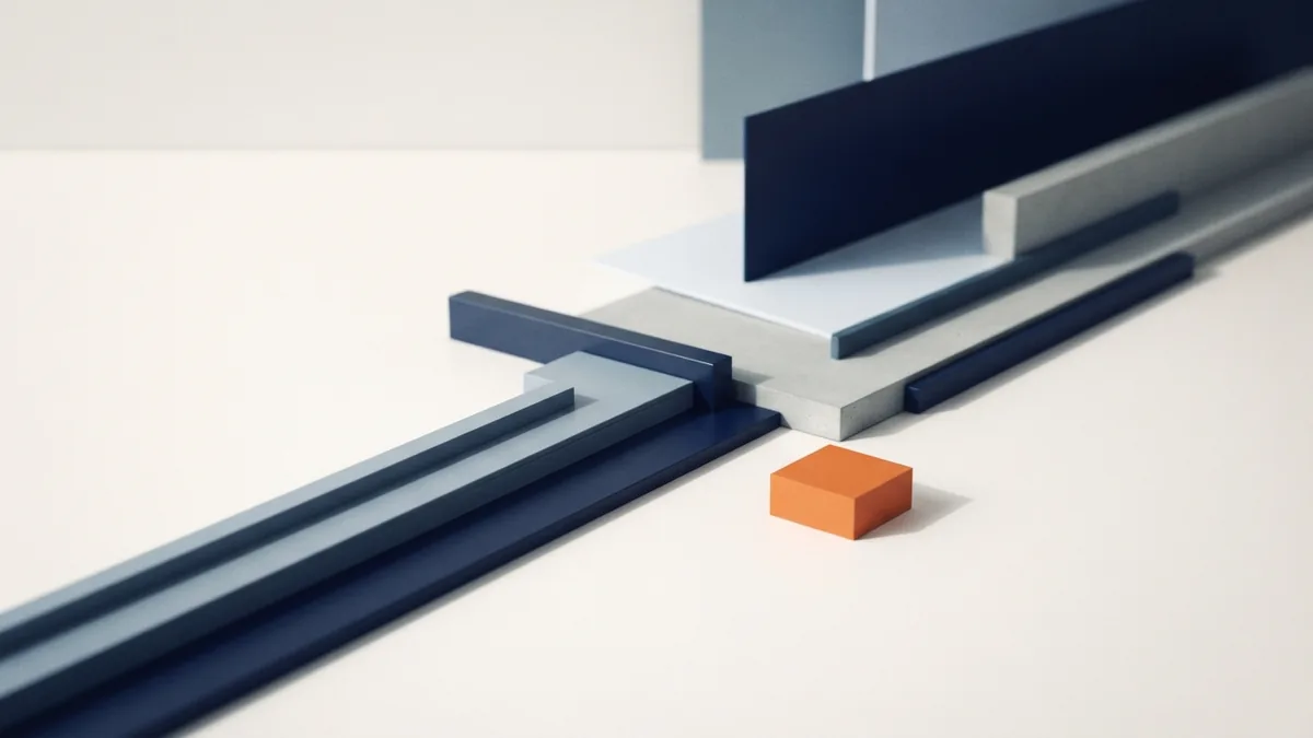 Focused path for payment career growth Navy architectural planes converge toward an orange block to show focused career progress